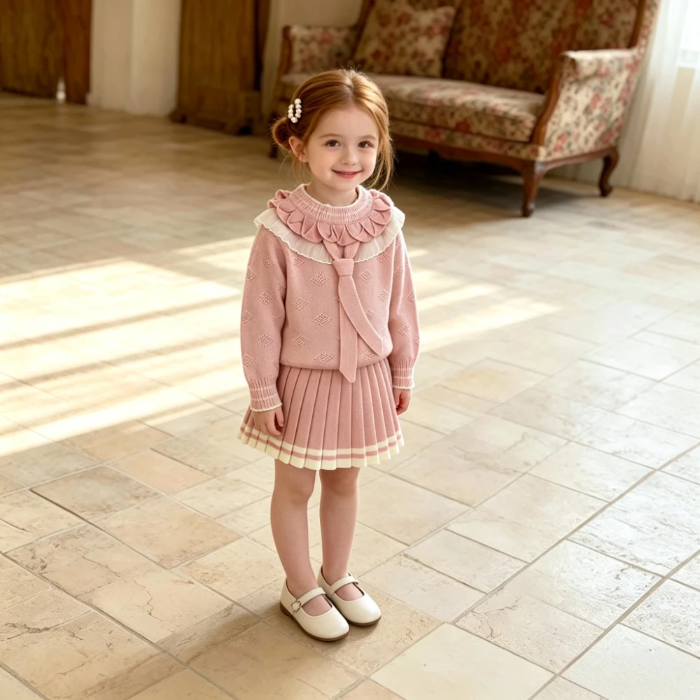 Pink Sweet and Cute Princess Clothing Autumn/Winter Knitted Sweater Girls' Clothes Long Sleeve Lace Splicing Top + Short Skirt
