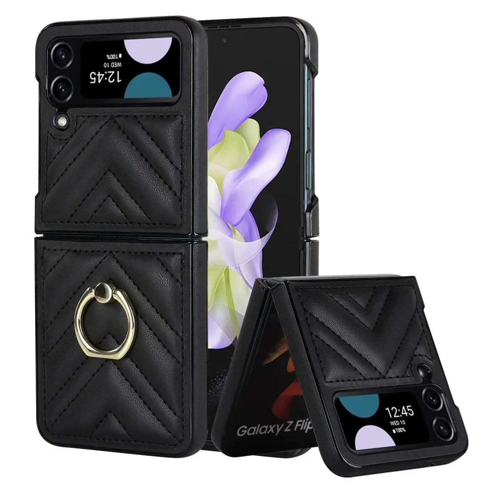 Solid Color Leather Flip Phone Case for Samsung Galaxy Z Flip6 & Z Flip5 with Finger Ring