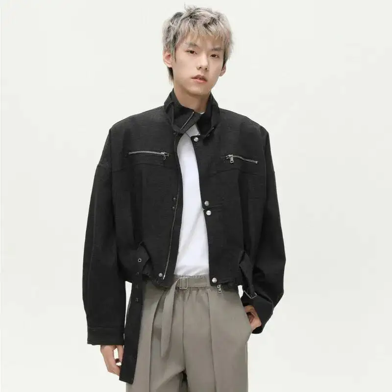 

Мужские куртки в американском стиле High Street с воротником-стойкой, однотонные свободные винтажные мужские короткие пальто на молнии, осень 2023 г.