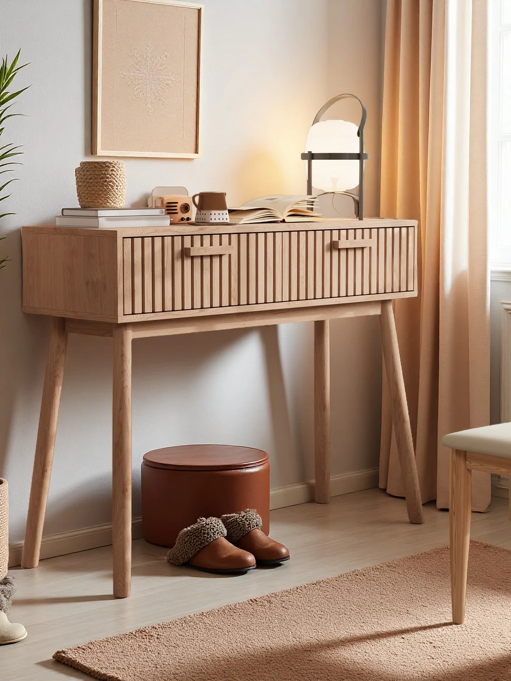 Rosahqnda Konsolentisch – Beistelltisch – Flurtisch – 2 Schubladen, atmungsaktive Paneele – stilvoll – Naturholzfarbe – 100 x 80 x 35 cm – Konsolentisch für Flur, Wohnzimmer, Eingangsbereich