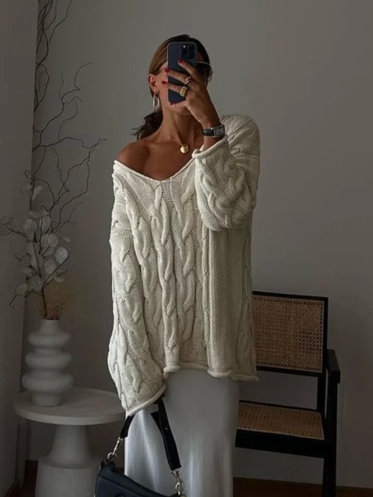 Loose Twisted V-neck Women\'s Knitted Sweaters Fashion Long Sleeved Slanted Shoulder Casual Pullovers 2024 New Female Streetwear