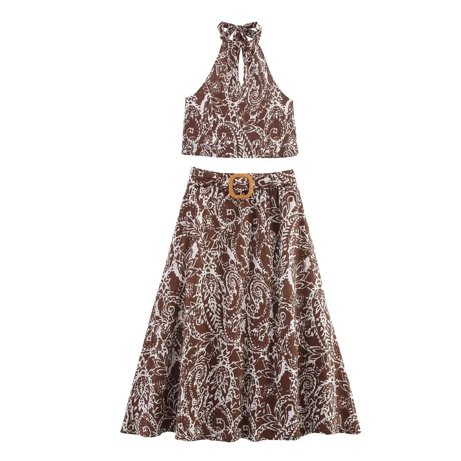 

Women's Two Piece Midi Dress Suit New Summer 2025 Printed Halterneck Collar Crop Top Skirt Set Belt Sexy stylish Skirt
