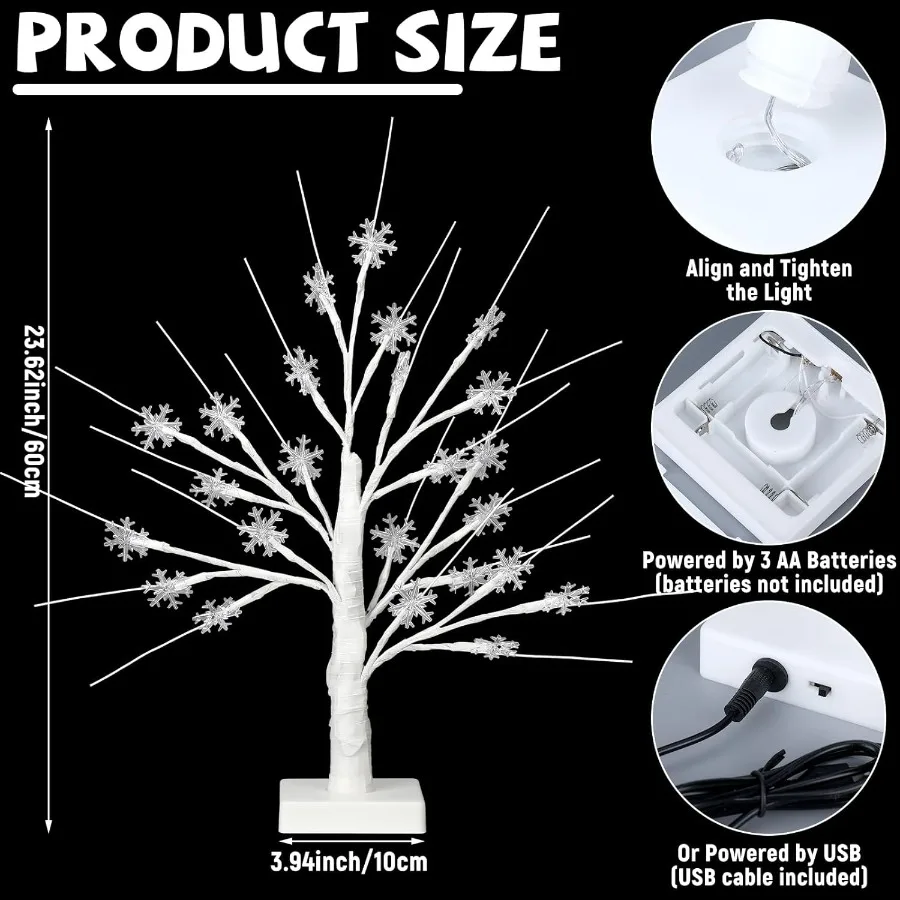 شجرة ندفة الثلج LED ضوء مع 24 أضواء LED ملونة دافئة وظيفة الموقت USB بطارية قابلة للشحن تعمل بالطاقة زينة عيد الميلاد ل Indo