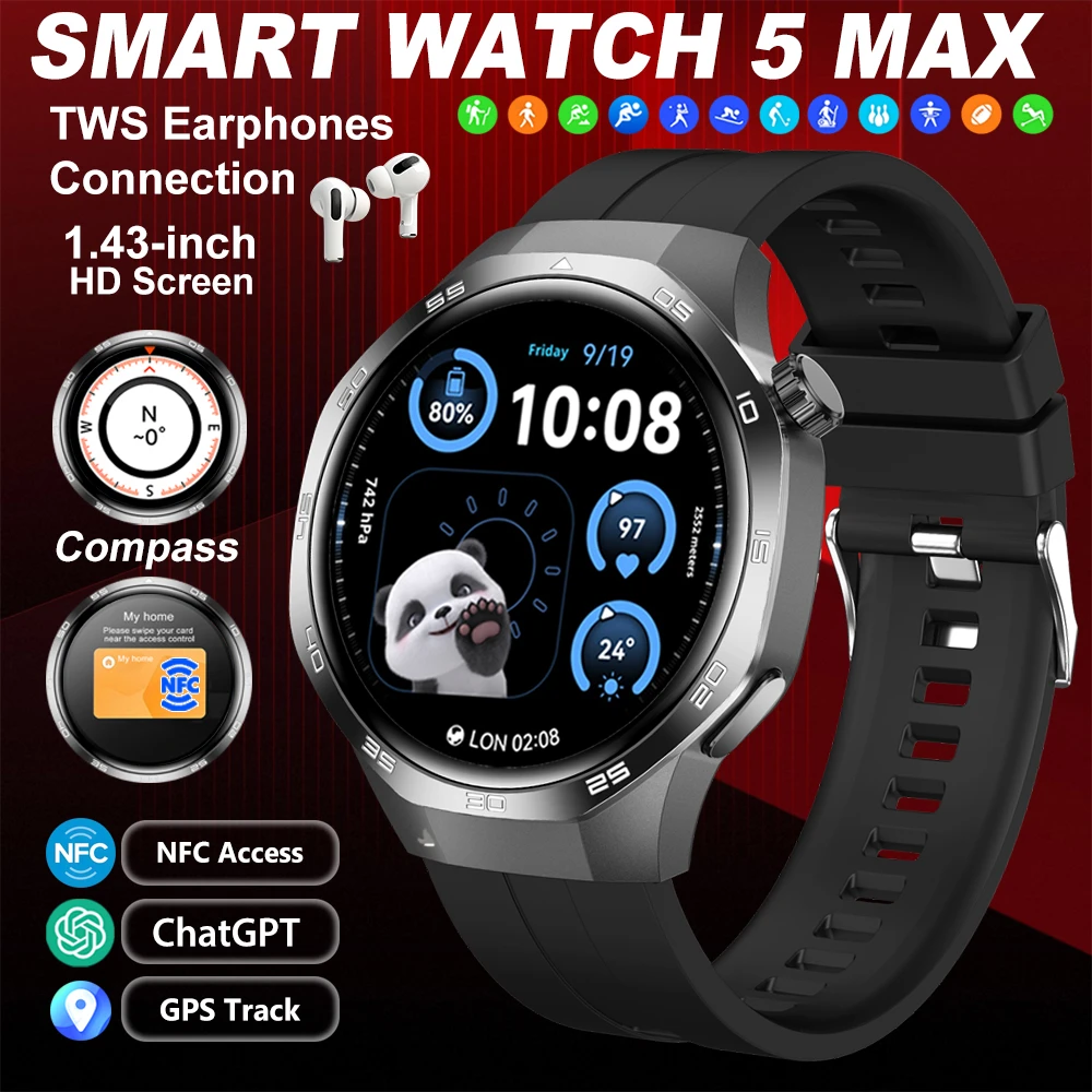 

2025 Новые часы 5 MAX Смарт-часы HD AMOLED Экран NFC GPS Трекер Bluetooth Вызов Водонепроницаемые Смарт-часы для спорта и здоровья Мужчины Женщины