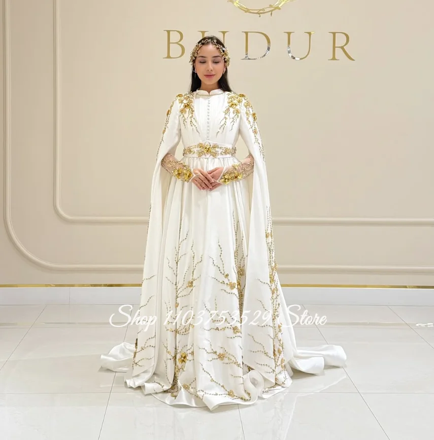 Customised Gorgeous Chiffon Satin Wedding Dress Long Sleeved A Line Skirt Bridal Gown Formal Evening Gown Engagement Dress