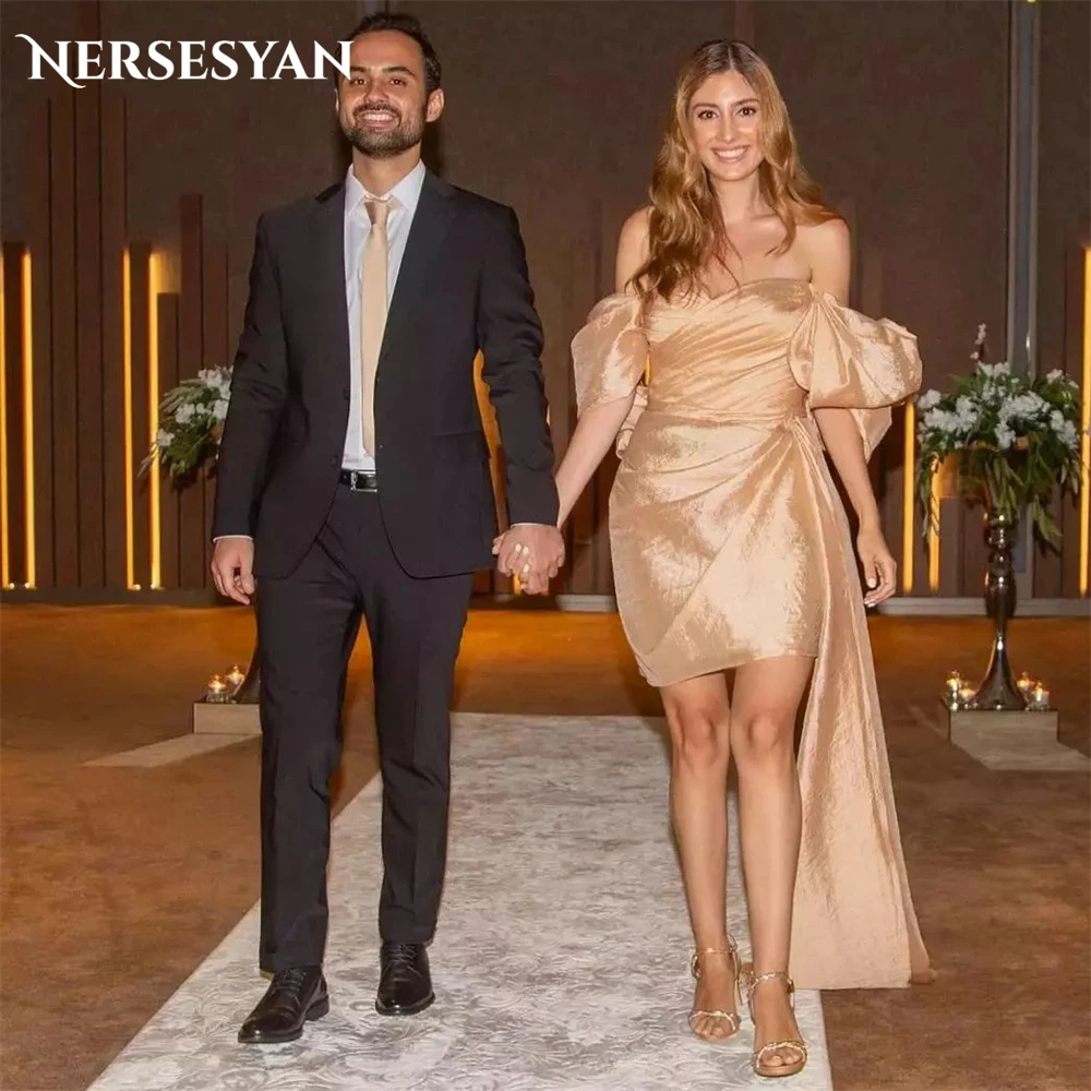 Nersesyan Gold Sexy Evening Dresses Off Shoulder Short Puff Sleeves Pleats Prom Dress Backless Side Train Celebrity Party Gowns