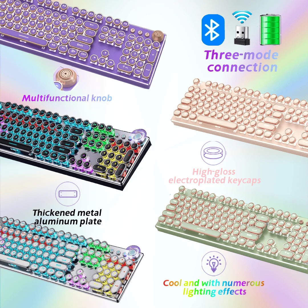 2025 Punk 3-Profile Wireless Thai-Russian-Korean-Japanese-Arabic Bluetooth Dial Mechanical Keyboard with Colorful Light Effects