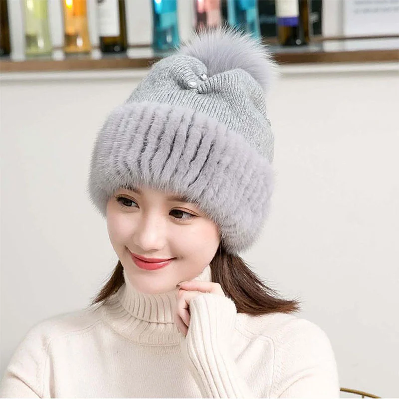 Mink Woolen Hat Korean Knitted Women's Winter Elastic Casual Hat Solid Color Fashion Girl Warm Knitted Hat New Style