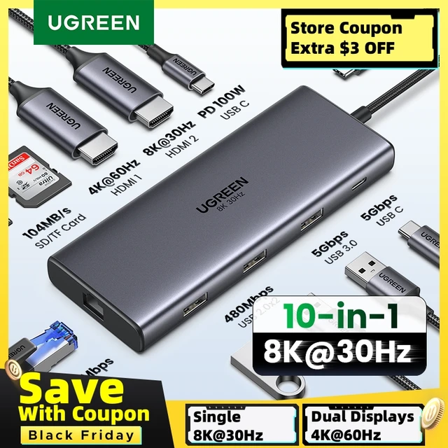 Ugreen-デュアルhdmi USBハブ,アダプター8k,10 in 1スプリッター,rj45 