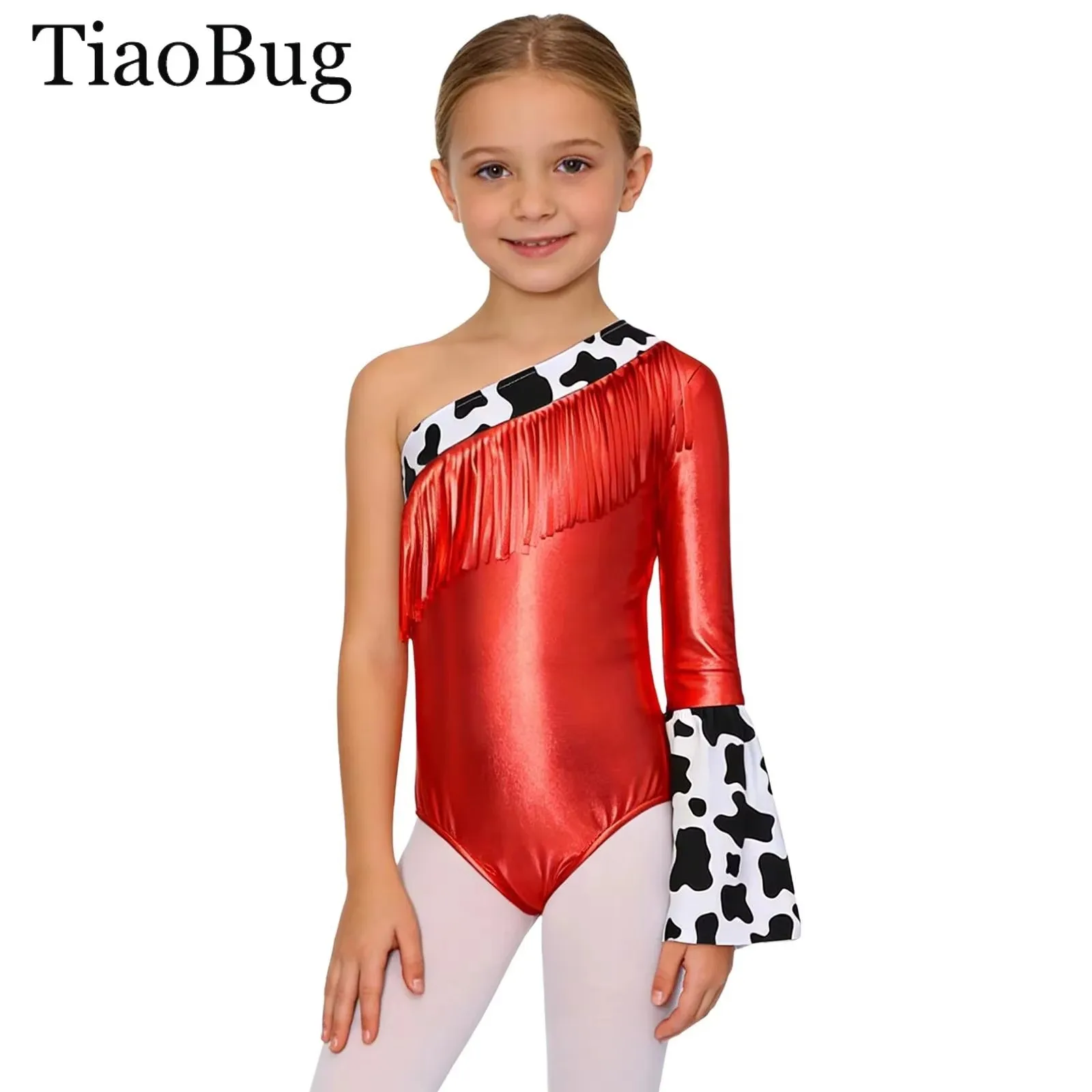 

Girls Western Cowgirl Cowboy Costume Jumpsuit Long Flare Sleeve Fringed Metallic Shiny Leotard Bodysuit Carnival Party Dress Up