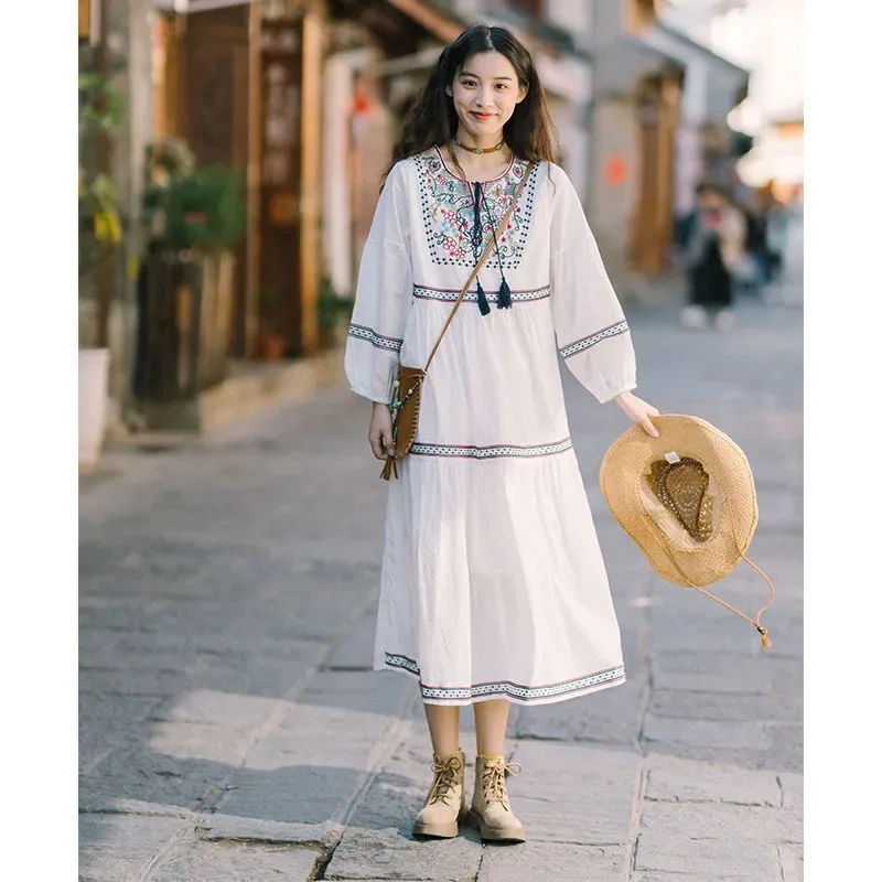 Ukrainian Embroidered Round Neck Slim A-line Cotton Linen Dress Women Vintage Ethnic Style Lantern Long Sleeve White Dresses