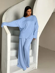 Marthaqiqi Loose Women'S Nightgowns 2 Piece Set O-Neck Sleepwear Long Sleeve Nightwear Wide Leg Pants Casual Home Clothes Ladies