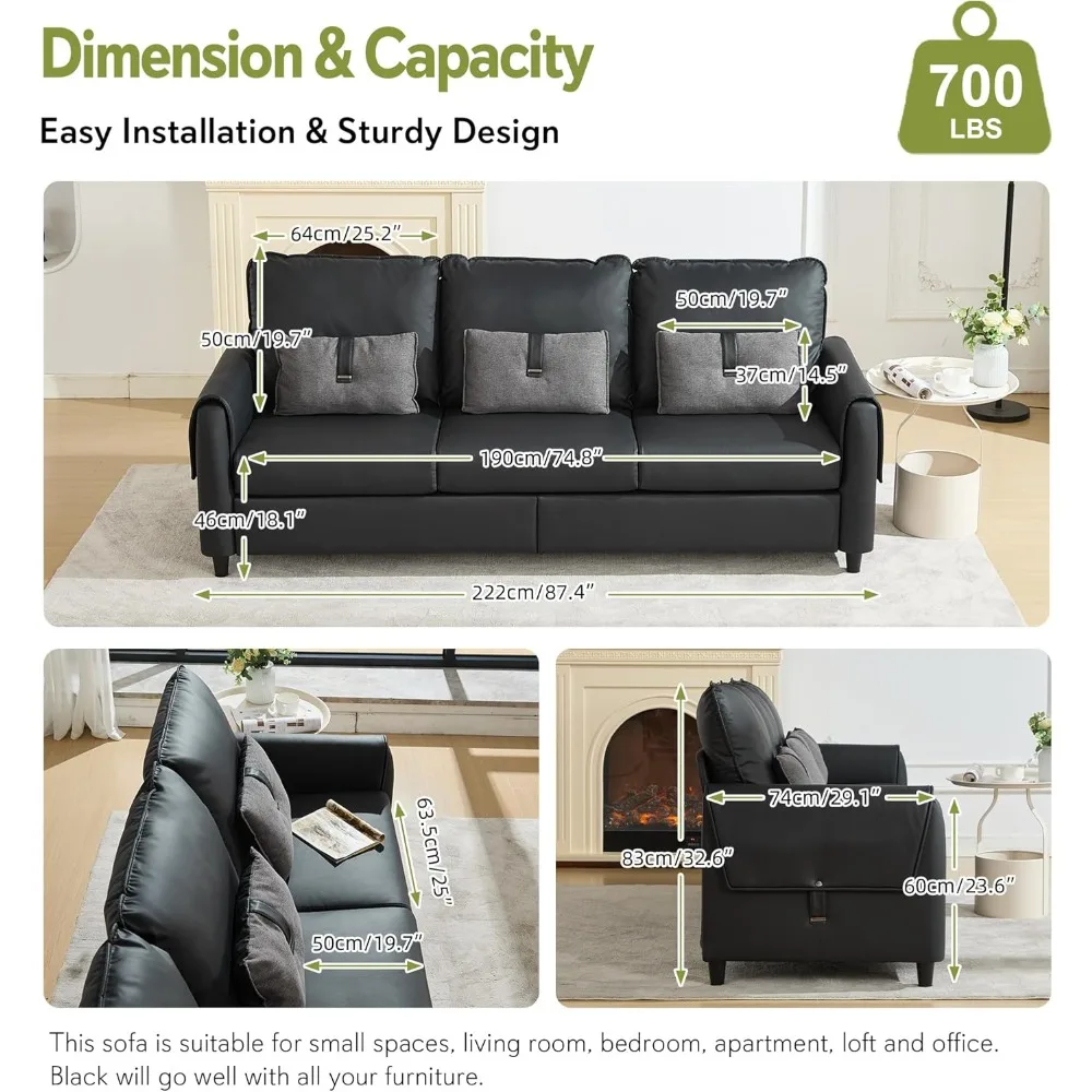 88” Faux Leather Couch for Living Room, Black Office Couch Small Space, Comfy 3 Seater Couches Leather Sofa with High Backrest