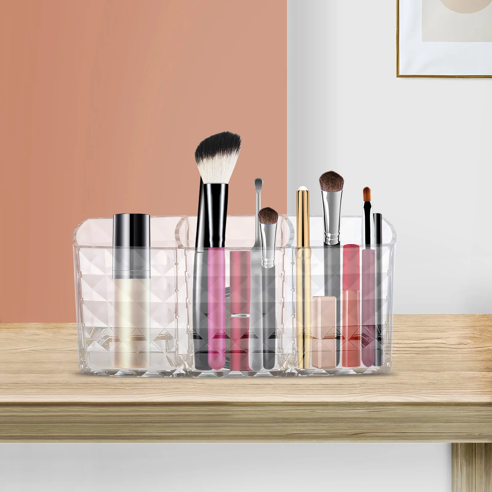 Makeup Brush Holders with 3 Compartment, PS Clear Small Sparkle Eyebrow Pencil Organizer for Vanity