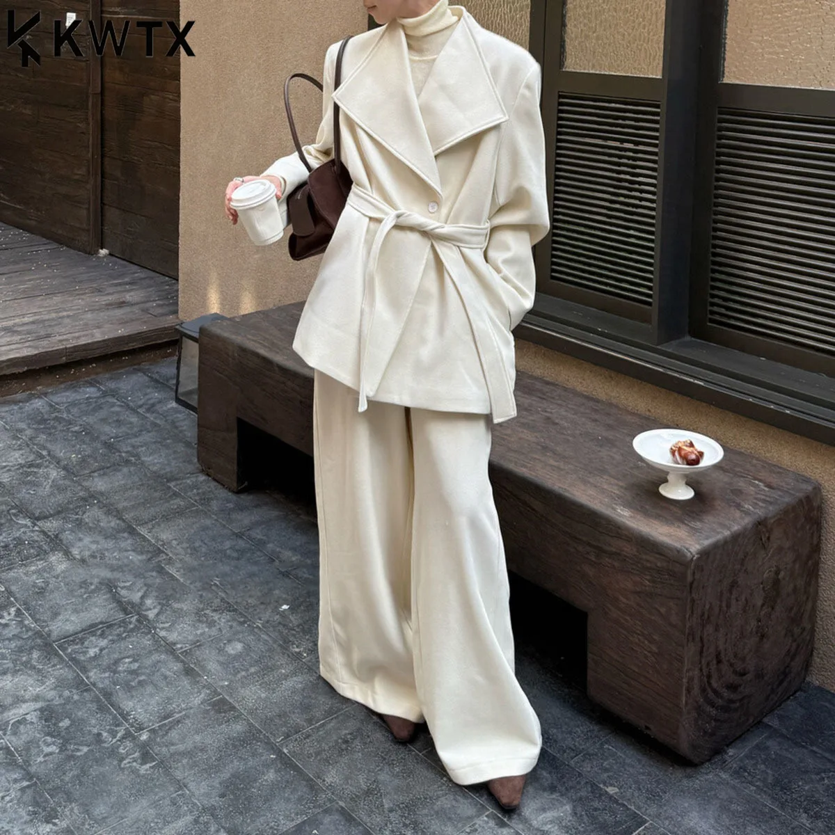 

KWTX 2025 женский комплект из 2 предметов, твидовое пальто с поясом, широкие брюки с зубчатыми лацканами, винтажный шикарный элегантный минималистичный премиум-класса