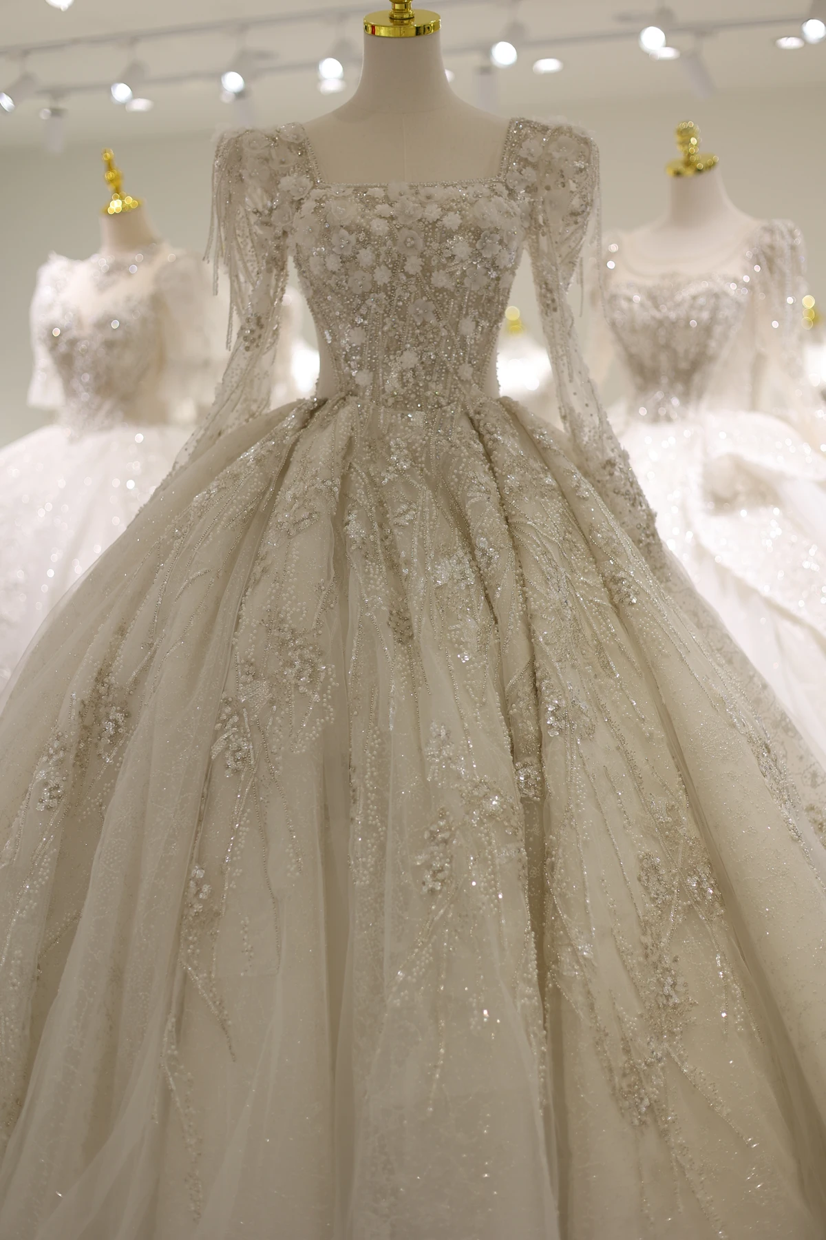 Sharon disse luxo 3d flores rendas mangas compridas vestido de casamento elegante decote quadrado vestido de baile vestidos de noiva rs007 personalizado