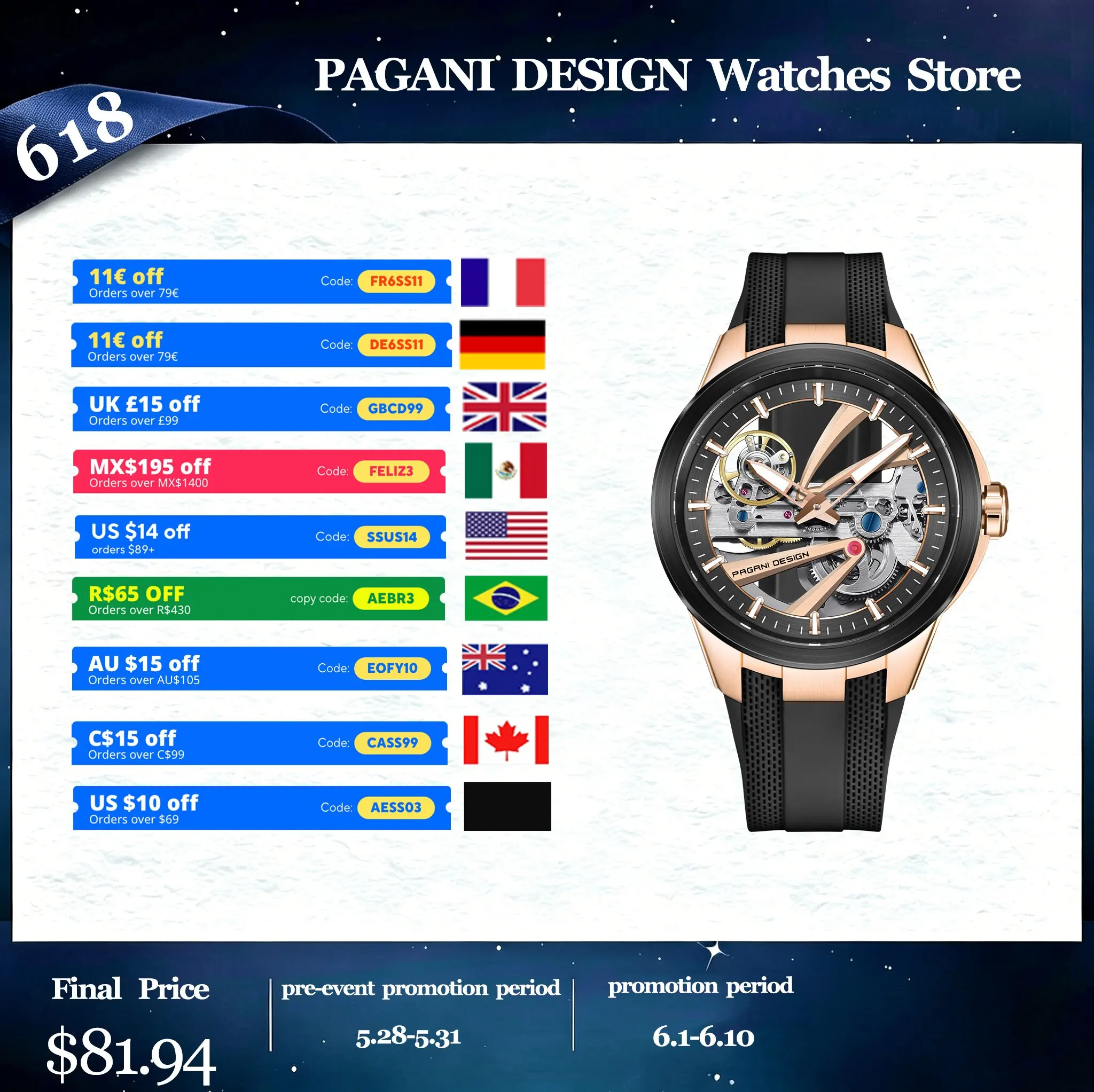 

PAGANI DESIGN Extraordinary Demeanor Men Mechanical Watch Hollow Out Black Gold Rubber Sapphire Luminous Dive Tourbillon Watch