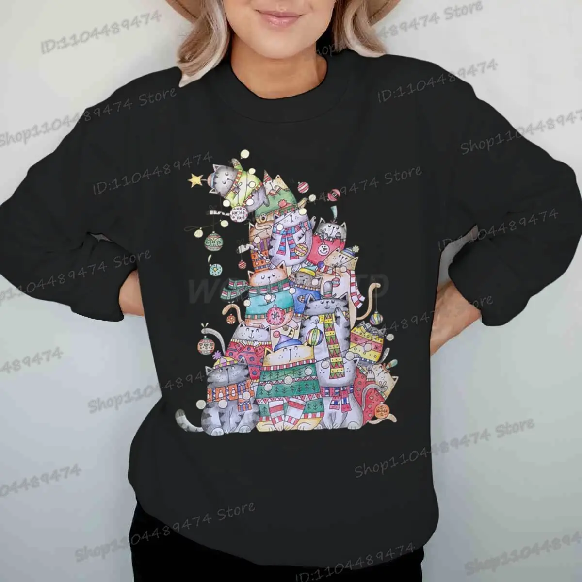 مضحك القط شجرة عيد الميلاد طباعة الرجال النساء الصوف بلوزات الخريف الشتاء الدافئة عطلة السفر حفلة الزي الكرتون عيد الميلاد البلوز