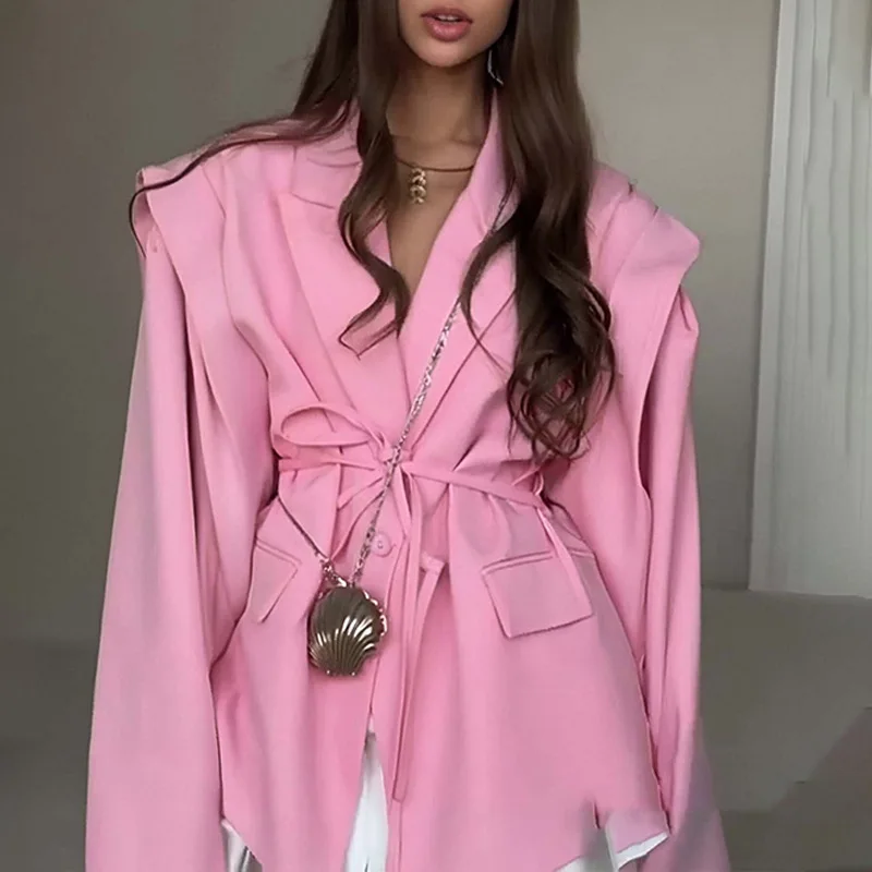 เสื้อเบลเซอร์แฟชั่นฤดูใบไม้ร่วงใหม่ สไตล์หรูหราสำหรับสาวออฟฟิศ สีพื้น ปกเสื้อแบบปกเชิ้ต  พร้อมแผ่นเสริมไหล่ แขนยาว ติดกระดุม มีเข็มขัด สำหรับผู้หญิง