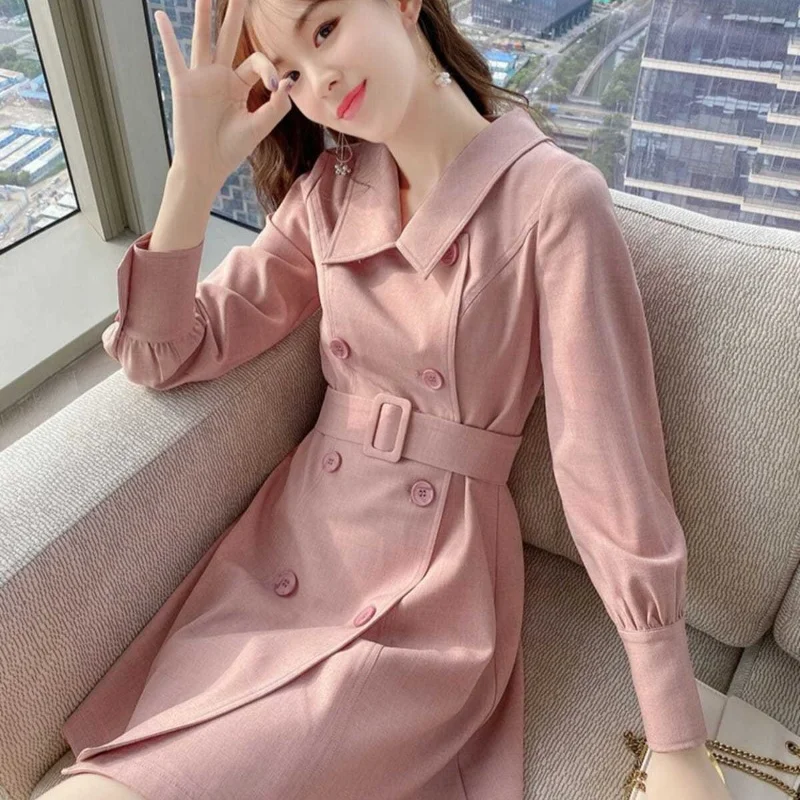 Autumn Winter Pink Lapel Suit Dresses 2024 New Femininity Long Sleeve Skirt Muse Fan Women's Clothing Summer Dress for Women