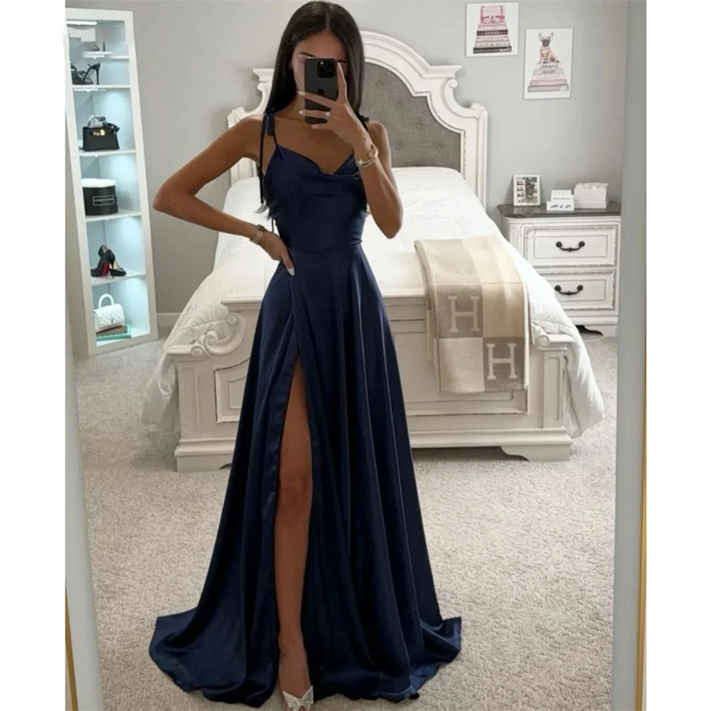 Simple Heart Shaped Neck Satin Prom Dress Elegant Spaghetti Strap A-line Vestidos De Noche Sexy Side Split Graduation Ball Dress