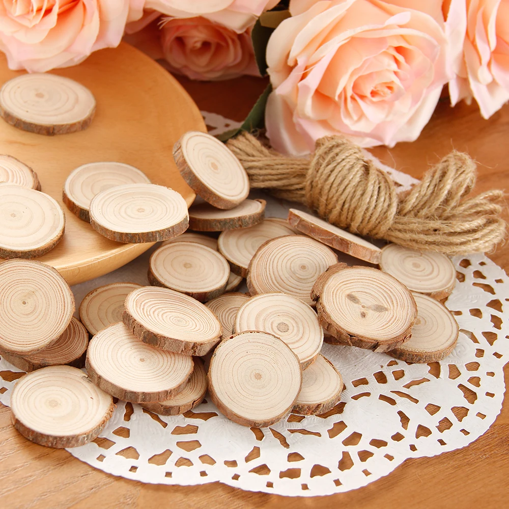 30Pcs Natural Pine Round Unfinished Wood Slices Circles with Tree Bark Log Discs DIY Crafts Wedding Party Painting Decor 3-4cm