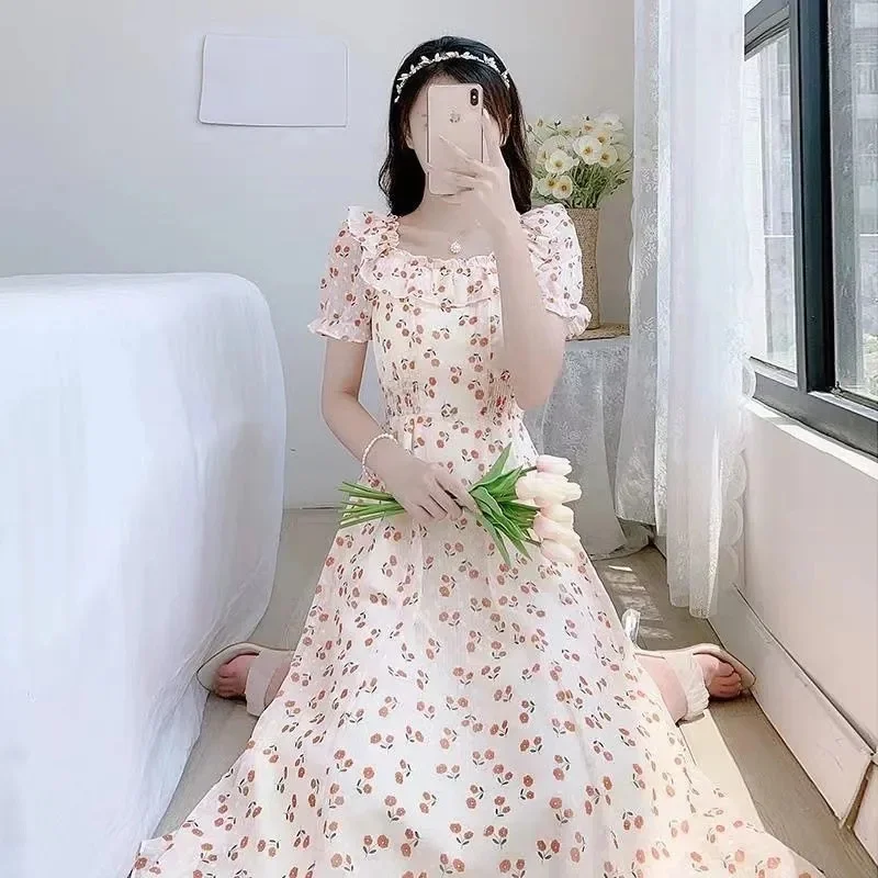 여름 레이디 쉬폰 맥시 드레스 2025 여성 반팔 긴 드레스 프랑스 Femme 연꽃 잎 칼라 꽃 프린트 a 라인 Vestidos