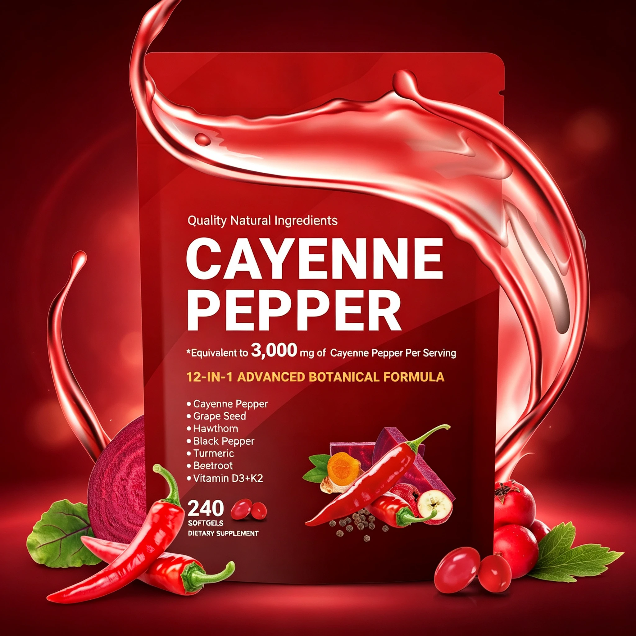 Cayenne Pepper Supplement – High Strength 3,000mg Equivalent with Grape Seed, Turmeric & Hawthorn – 240 Softgels