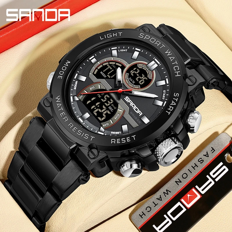 SANDA G style Men's Sport Watch Stainless Steel Strap 50M Waterproof Clock Alarm Dual Display Quartz Chronograph Watches For Men