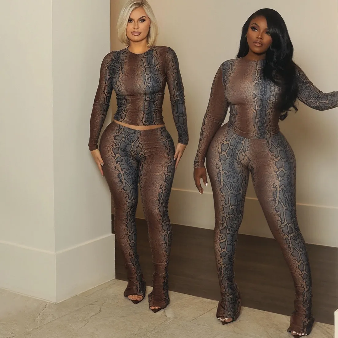 

Women's Autumn Winter Thiened Low Waist Long Sve Waist-Cinching Printed Long Pants Set Tummy Control Slim Fit Top