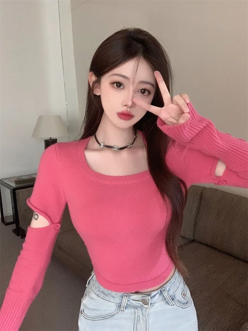 Detachable Sleeve Knitted Sweater Trendy Women'S 2025 Spring Lettuce Edge Twisted Hem Student Leisure Cottagecore Lounge Style