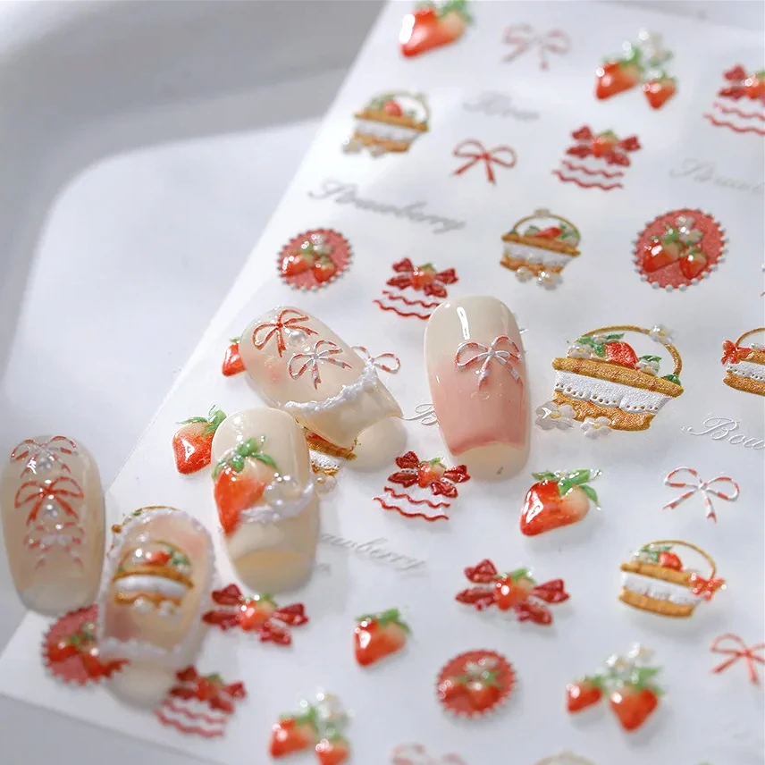 Fruit Basket Strawberry Flowers Bowknot Thousand Layer Cake Jelly Embossed Reliefs Adhesive Nail Art Sticker Cute Manicure Decal