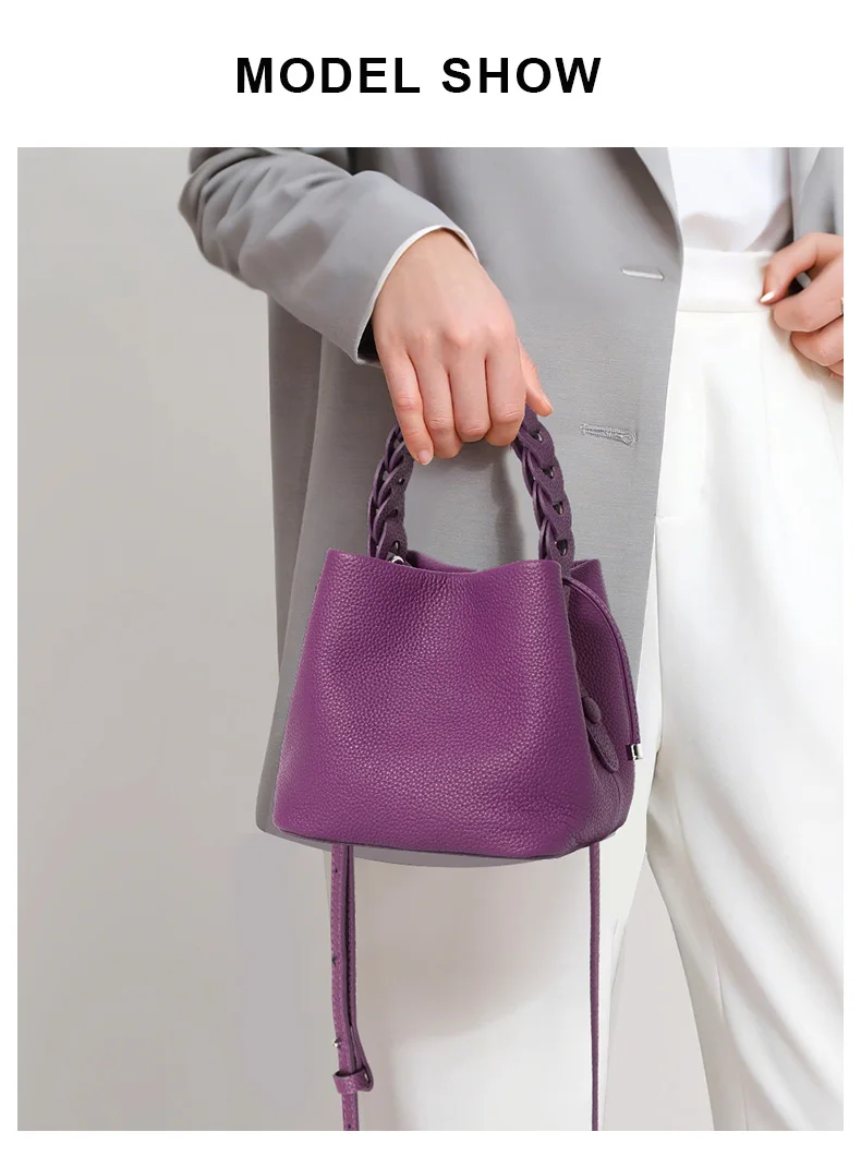 Elegante Handtasche aus echtem Leder, einzelne Schultertasche, Crossbody-Tasche, erste Schicht Rindsleder, Bucket Bag für den Arbeitsweg, Litschi-Muster – Detail 1
