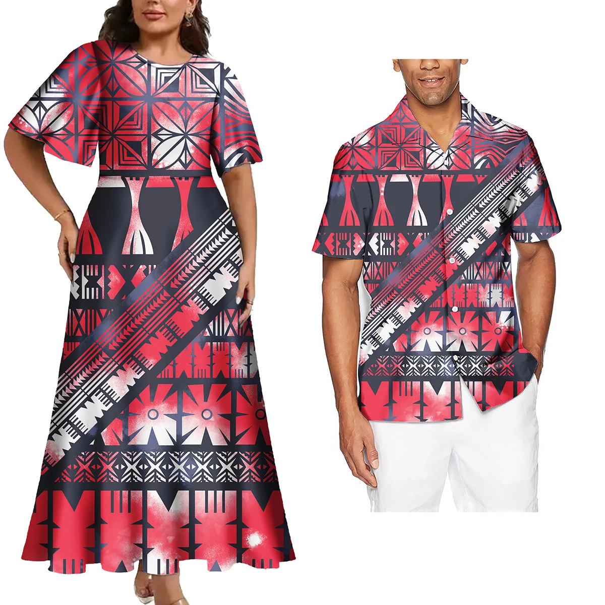 Women Vintage Custom Pattern Dress Match Men Shirts Fashion Couple Clothing Polynesian Hawaiian Tribal Design Printed Dresses