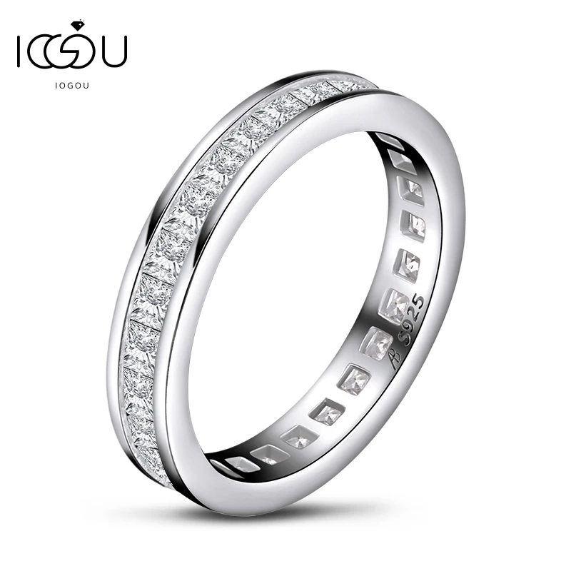 IOGOU 925 Sterling Silver Full Eternity Band Ring Women Engagement Ring Princess Cut Diamond Wedding Silver Bridal Rings Jewelry