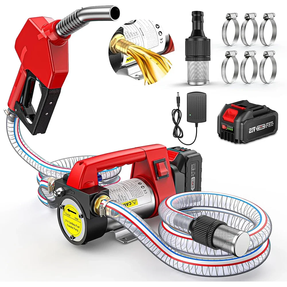 

Cordless Diesel Transfer Pump Kit 21V DC Fuel Transfer Pump Battery Powered 12GPM Portable Self-Priming Diesel Pump Kit