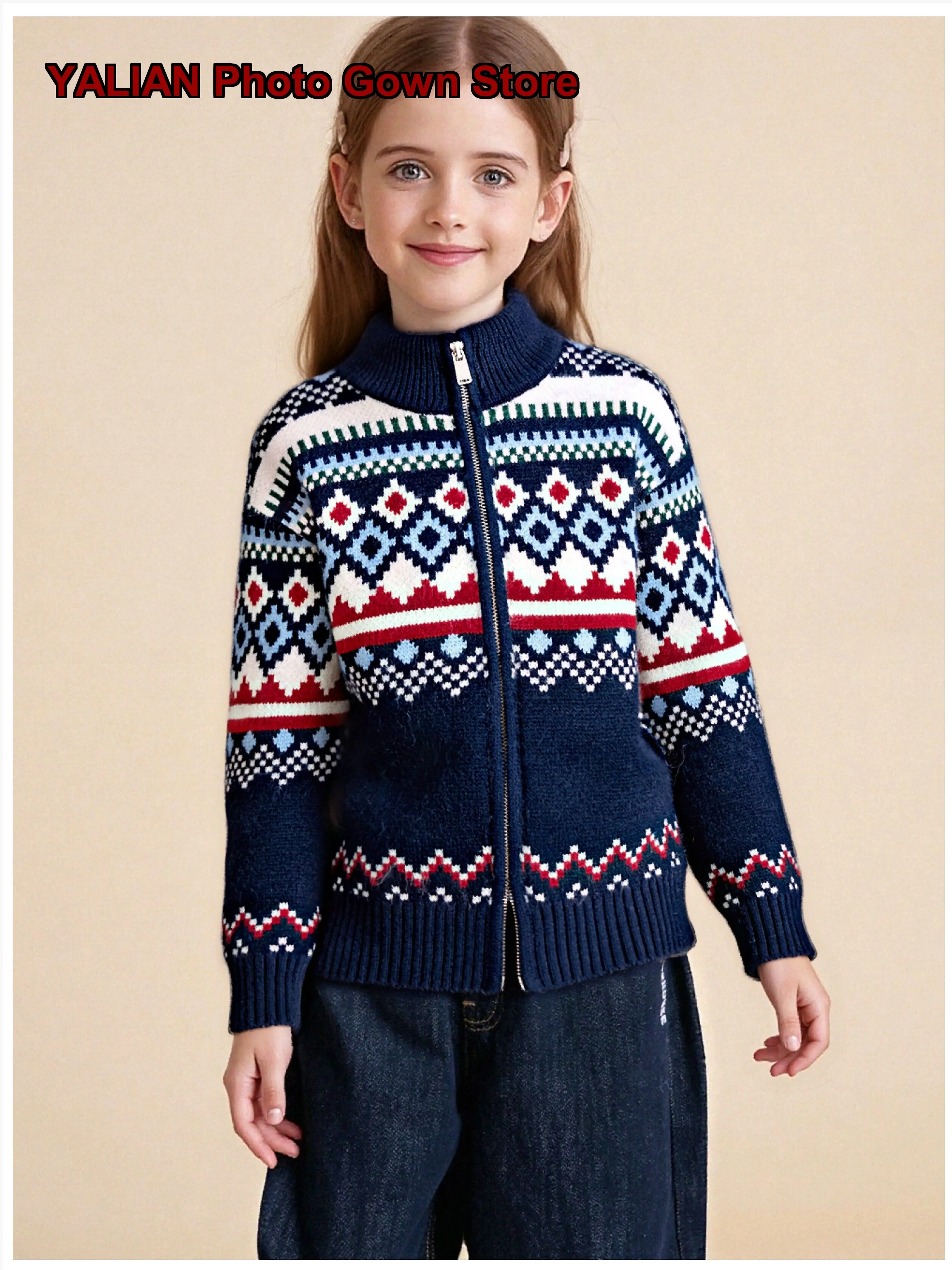 Girls Autumn Winter Middle Older Kids Fair Isle Knit Cardigan Stylish Color-Block Zip-Up