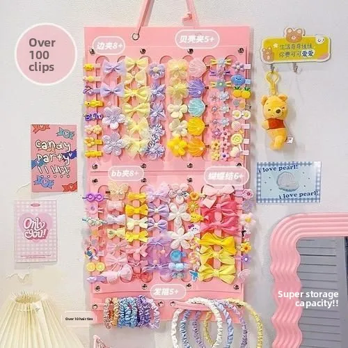 منظم إكسسوارات شعر الأطفال يثبت على الحائط، رف تخزين لربطات الشعر ودبابيس الشعر والأساور وصندوق المجوهرات وحقيبة معلقة