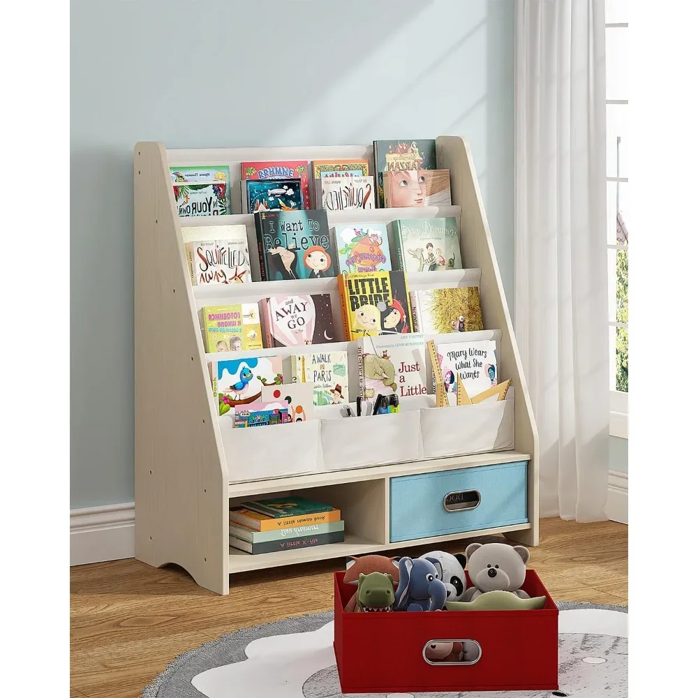 Book Shelf with Tear-Proof Cotton Sling,Eco-Safe Toddler Bookshelf,Easy Reach Childrens Bookshelf with2Cube Bins for Books&Toys