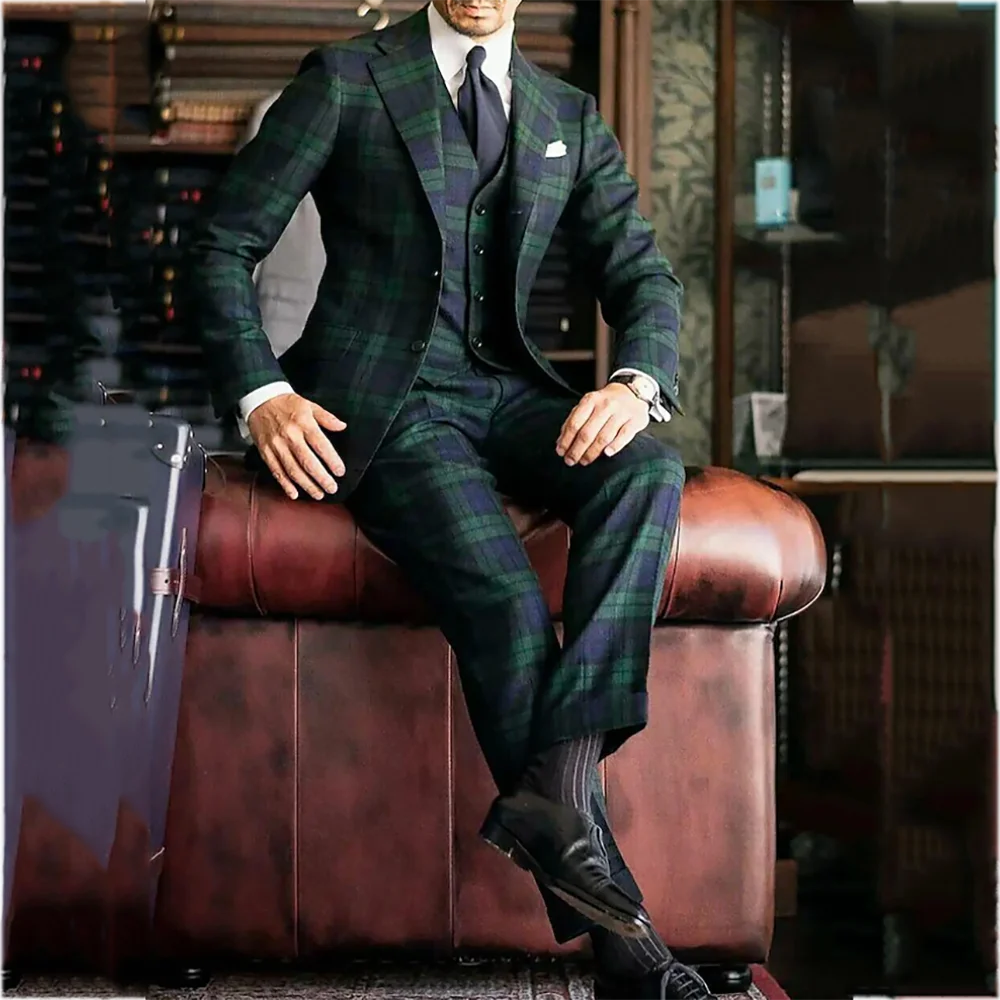 

Classis Men's Suit Fashion Plaid Slim Fit Notch Lapel Business Casual Outfit Formal Office Party Prom Male Set Three Pieces