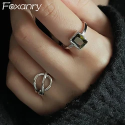 Foxanry Vintage Punk Green Zircons Rings for Women Couples New Fashion Simple Multilayer Geometric Handmade Party Jewelry Gifts