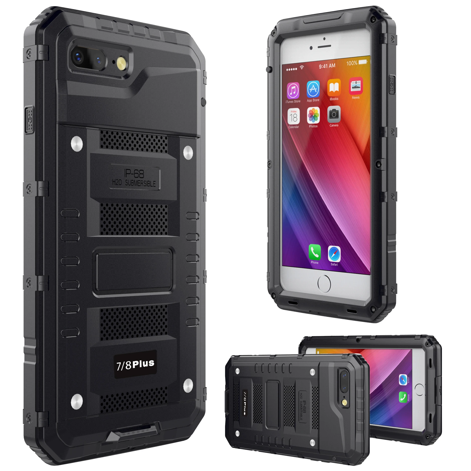 Capa de telefone de alumínio de metal à prova de choque Doom Armor para Apple iPhone 6 6S 7 8 Plus Capa + tela protetora