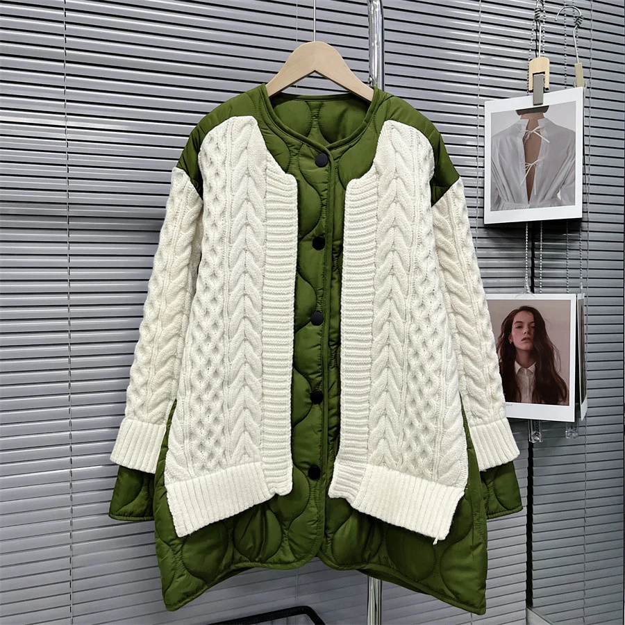 Jacket Cotton-Padded Knit Stitching Sweater Cardigan Women's Middle Length 2023 Autumn Winter New Loose Leisure Holiday Parkas