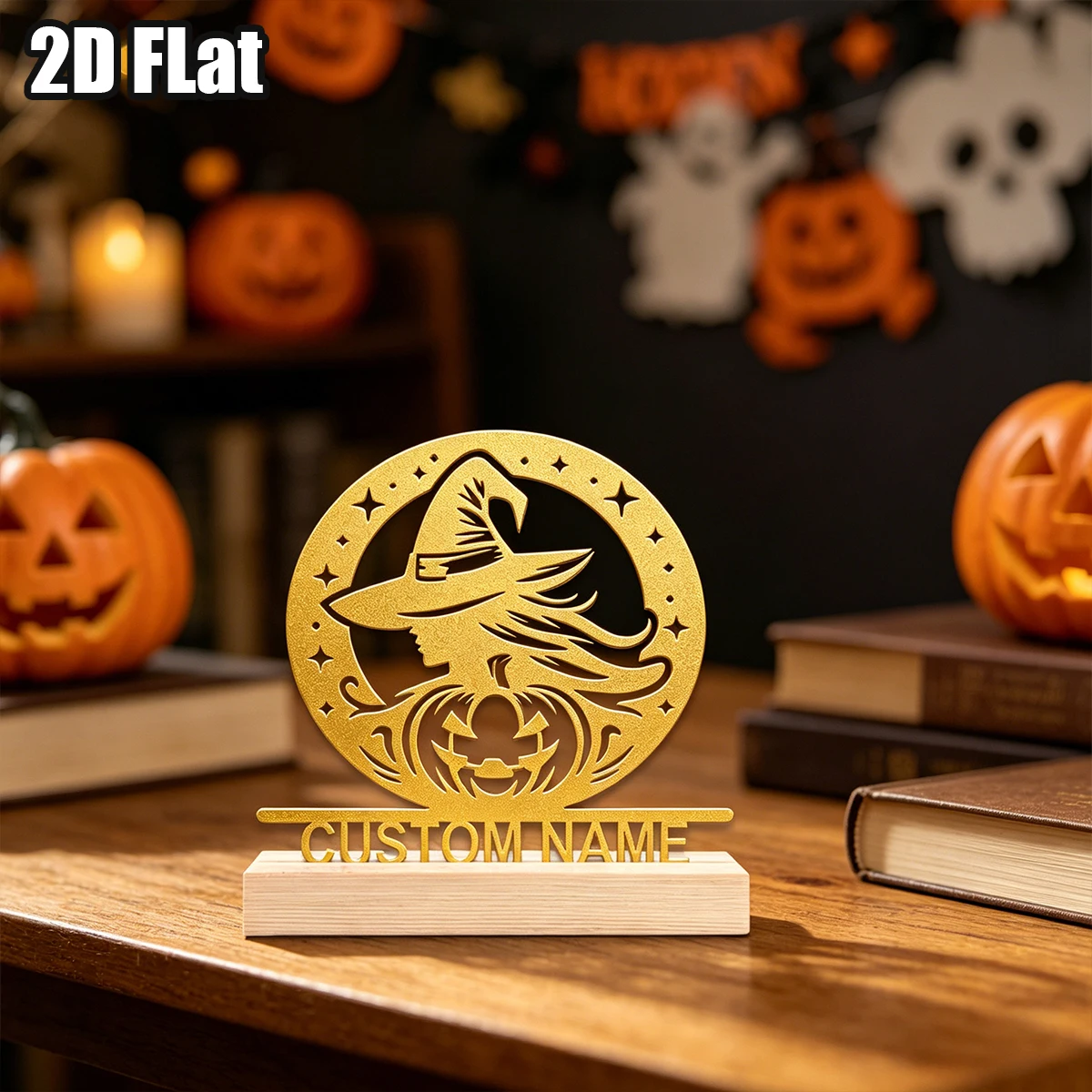 1Pc Custom Gorgeous Witch Wooden Base Metal Ornament,Home Room Desktop Decor,Ideal Birthday Wedding Halloween Festive Gift