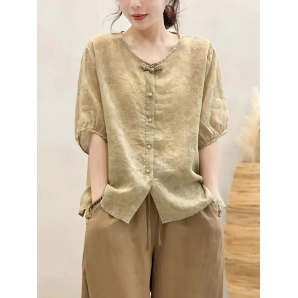 

Retro Chinese Sle Cotton Linen irt Women Summer Lightweight Loose Slimming V-Ne ort Sve Small Top Upper Body