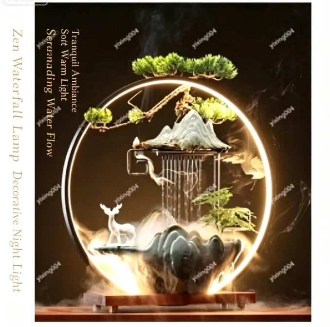 Zen Water Fountain Ornament, Backflow Incense Holder with Light Ring for Home Office Decor