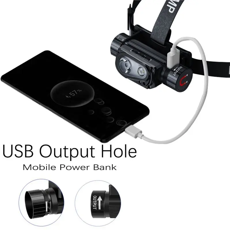 A84E-White LED Sensor Headlamp 3 Switch Headlight 18650 21700 Head Lamp Torch Flash Light USB Type C Power Bank Flashlight