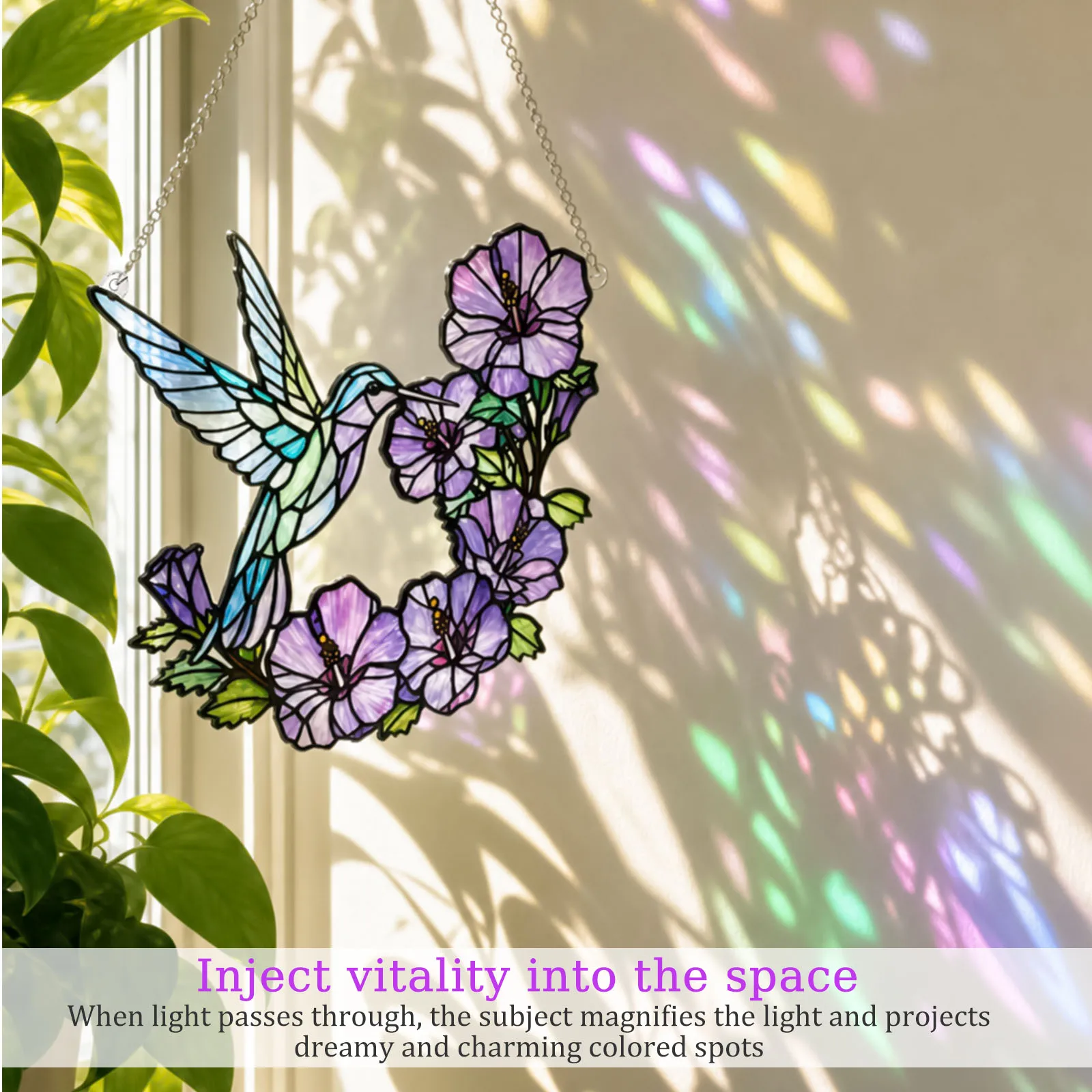 Glass Plant Stained Suncatcher Hummingbird Hanging Pendant Wind Chime Window Hanging Sun Catcher for Patio Yard Balcony Decor