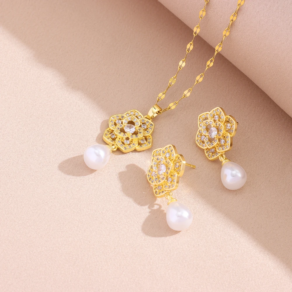 New In Luxury Retro Zircon Flower Pearl Necklaces Earrings For Women Trendy 18K Gold Plated Female Stainless Steel Jewelry Set