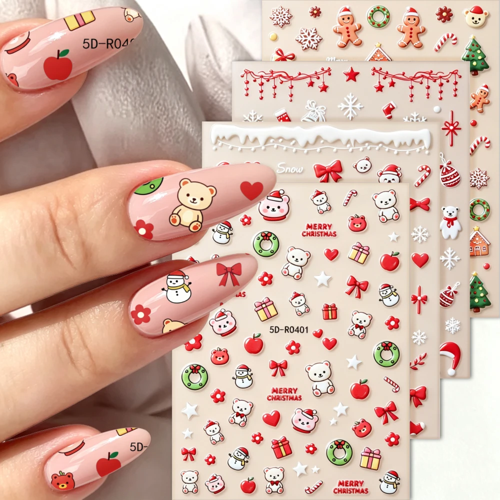 4Pcs Christmas 5D Nail Decals Cute Cartoon Bear Gingerbread Snowflake Pattern Nail Decals For DIY Festival Manicure Nail Sliders